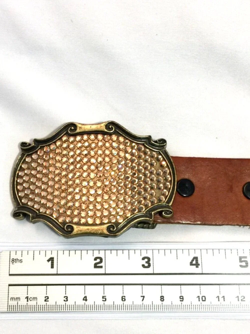 VINTAGE BROWN LEATHER STUDDED RHINESTONE BUCKLE WESTERN RODEO BELT WOMENS 34